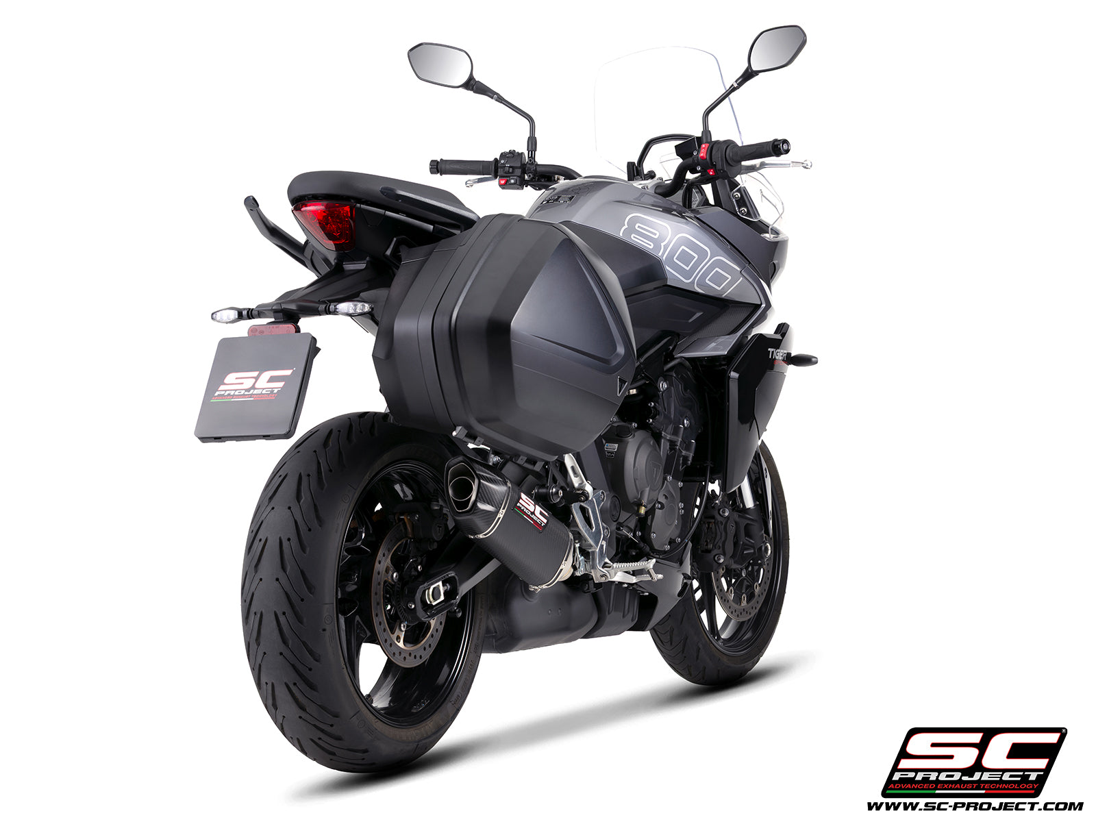 Triumph Tiger Sport 800 with SC-Project SC1-X carbon fibre exhaust, 3/4 rear view