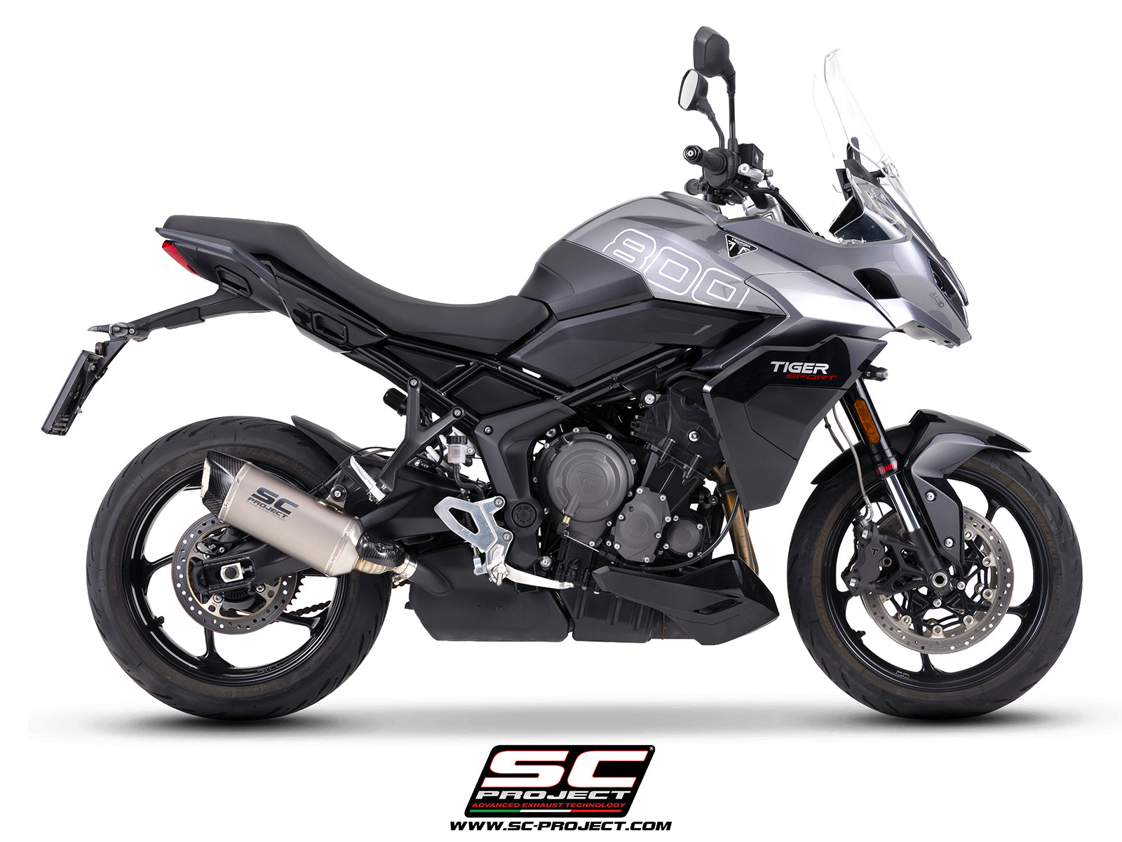 Triumph Tiger Sport 800 with SC-Project SC1-X titanium exhaust, 3/4 rear view