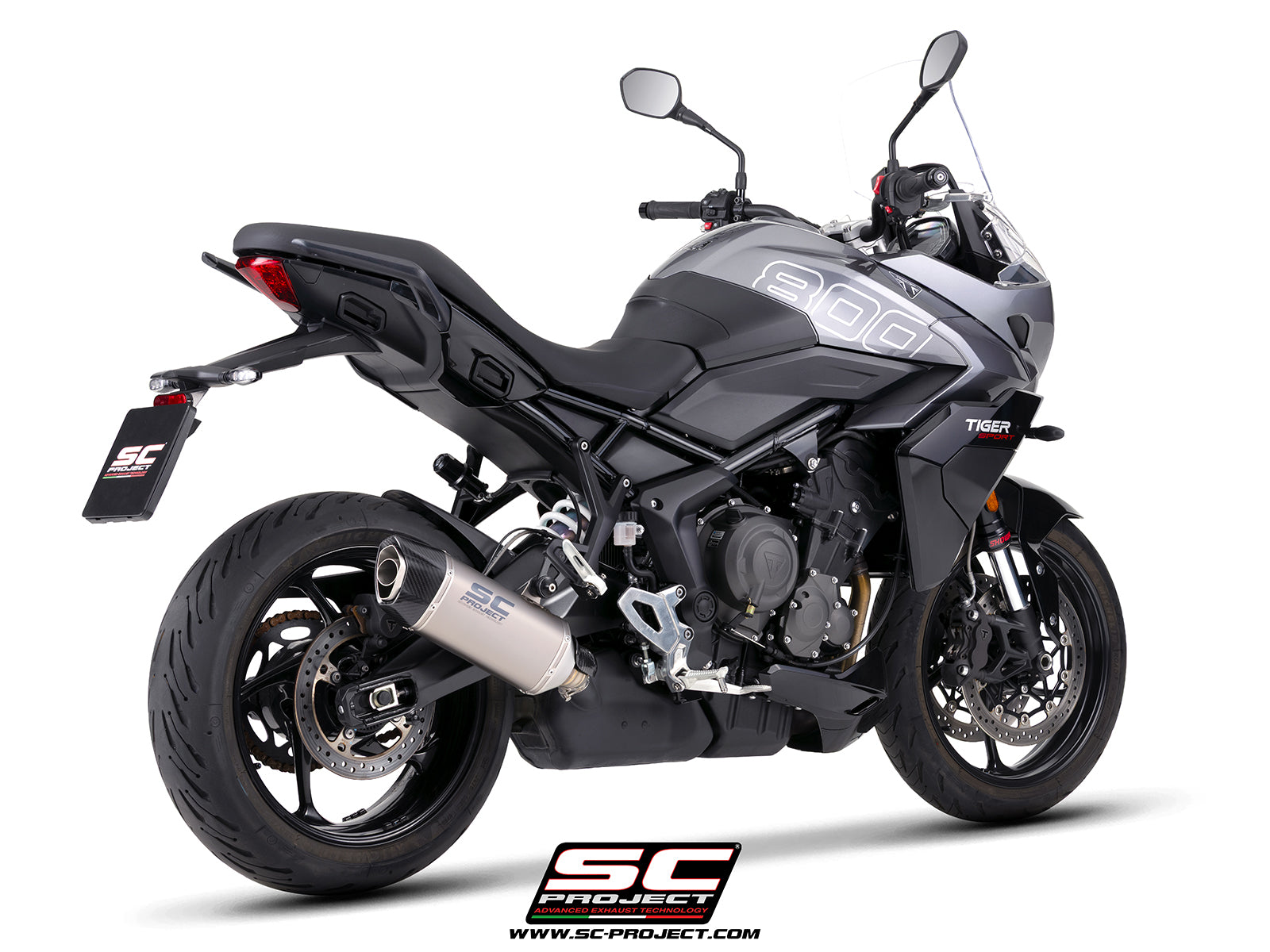 Triumph Tiger Sport 800 with SC-Project SC1-X titanium exhaust, 3/4 rear view