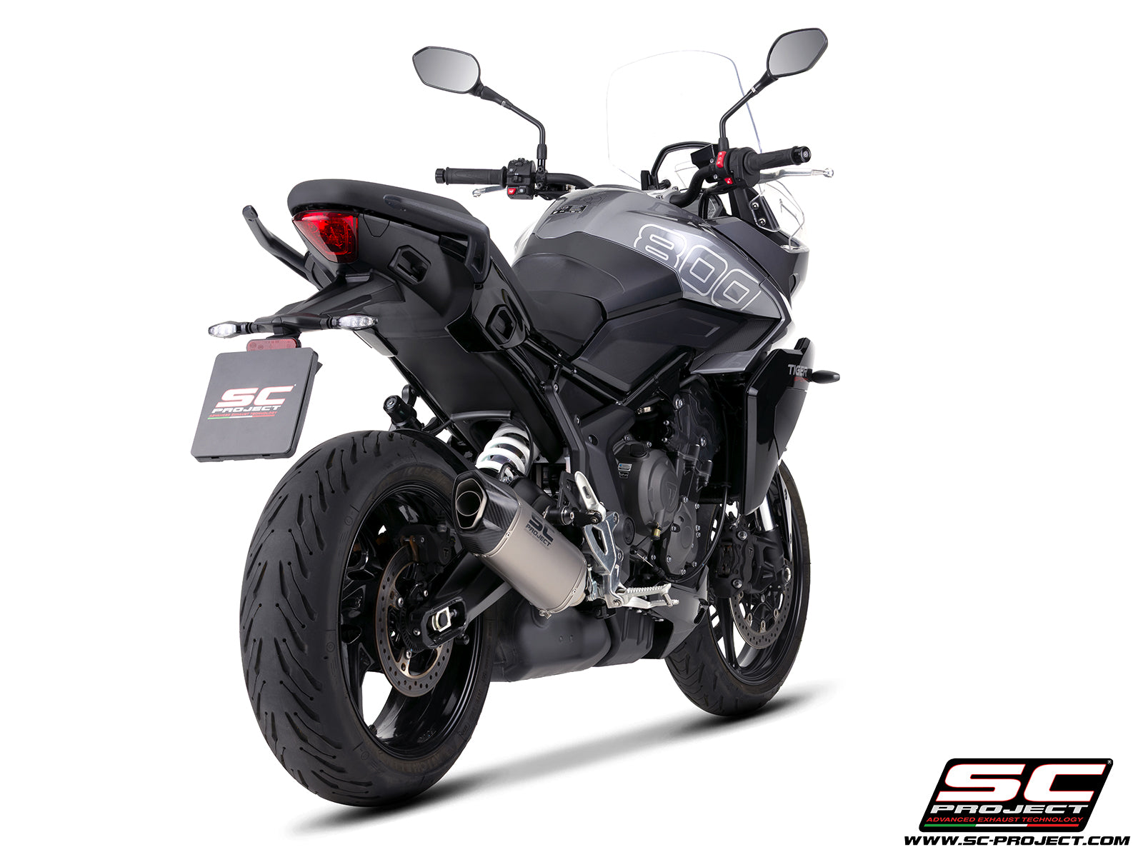 Triumph Tiger Sport 800 with SC-Project SC1-X titanium exhaust, 3/4 rear view