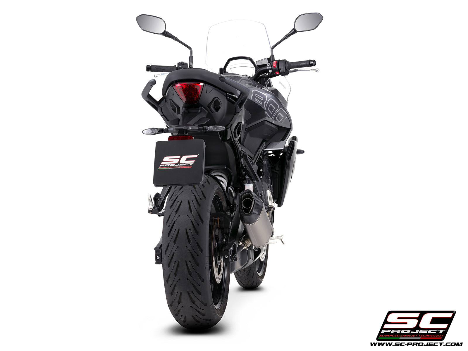Triumph Tiger Sport 800 with SC-Project SC1-X titanium exhaust, 3/4 rear view