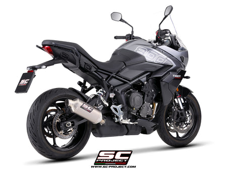 Triumph Tiger Sport 800 with SC-Project Rally Raid titanium exhaust, 3/4 rear view