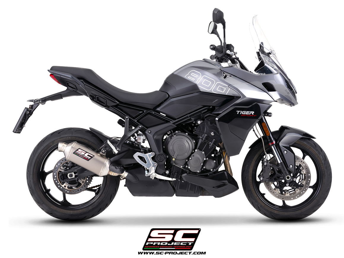 Triumph Tiger Sport 800 with SC-Project Rally Raid titanium exhaust, 3/4 rear view
