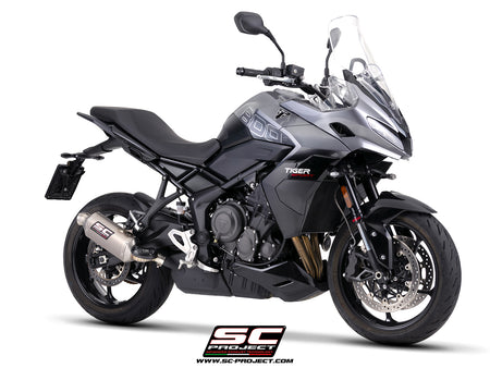 Triumph Tiger Sport 800 with SC-Project Rally Raid titanium exhaust, 3/4 rear view