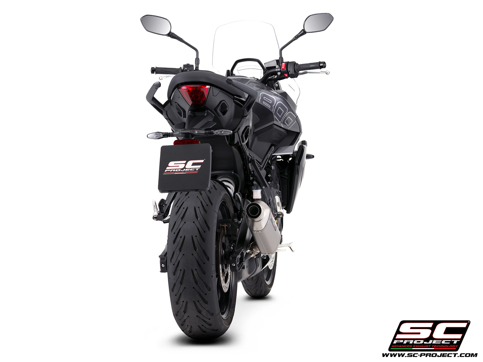 Triumph Tiger Sport 800 with SC-Project Rally Raid titanium exhaust, 3/4 rear view