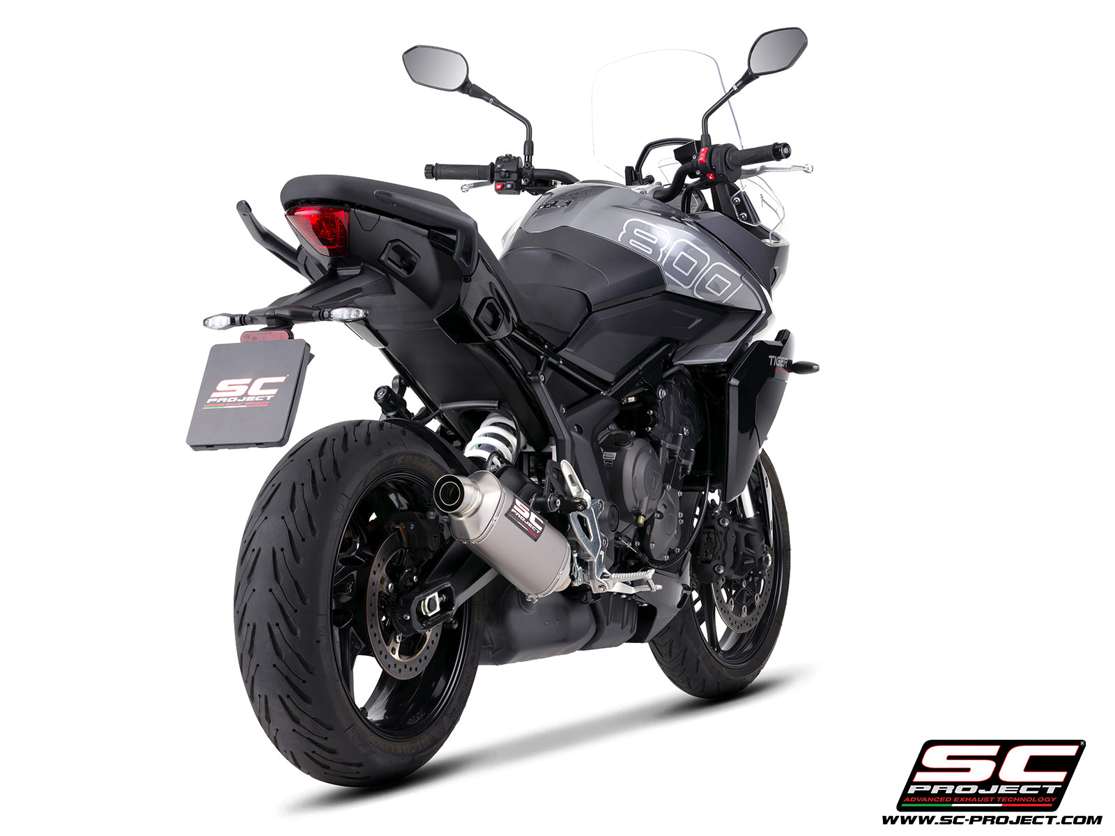 Triumph Tiger Sport 800 with SC-Project Rally Raid titanium exhaust, 3/4 rear view