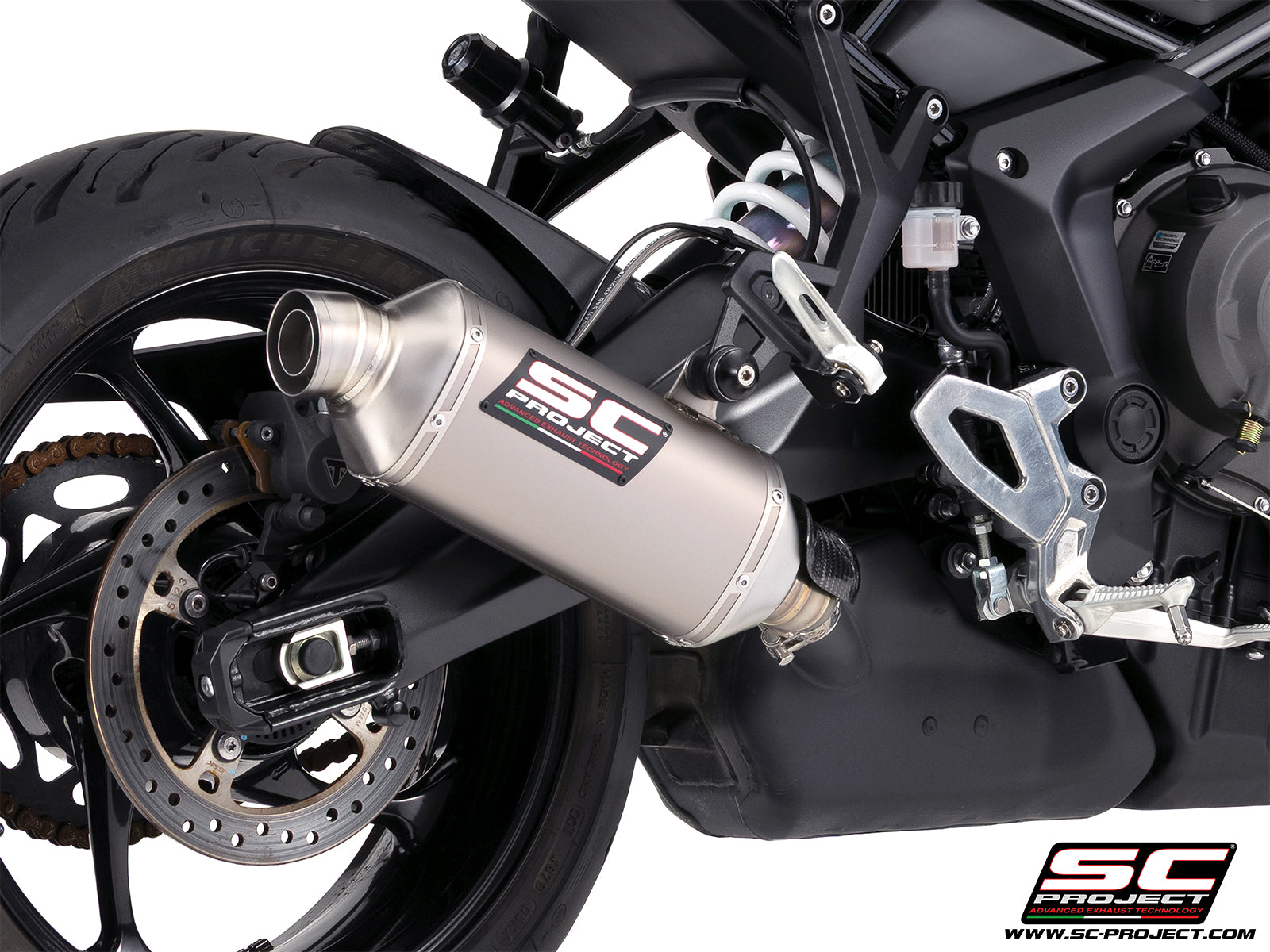 Triumph Tiger Sport 800 with SC-Project Rally Raid titanium exhaust, 3/4 rear view