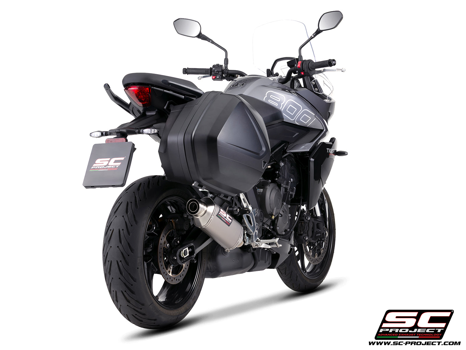 Triumph Tiger Sport 800 with SC-Project Rally Raid titanium exhaust, 3/4 rear view