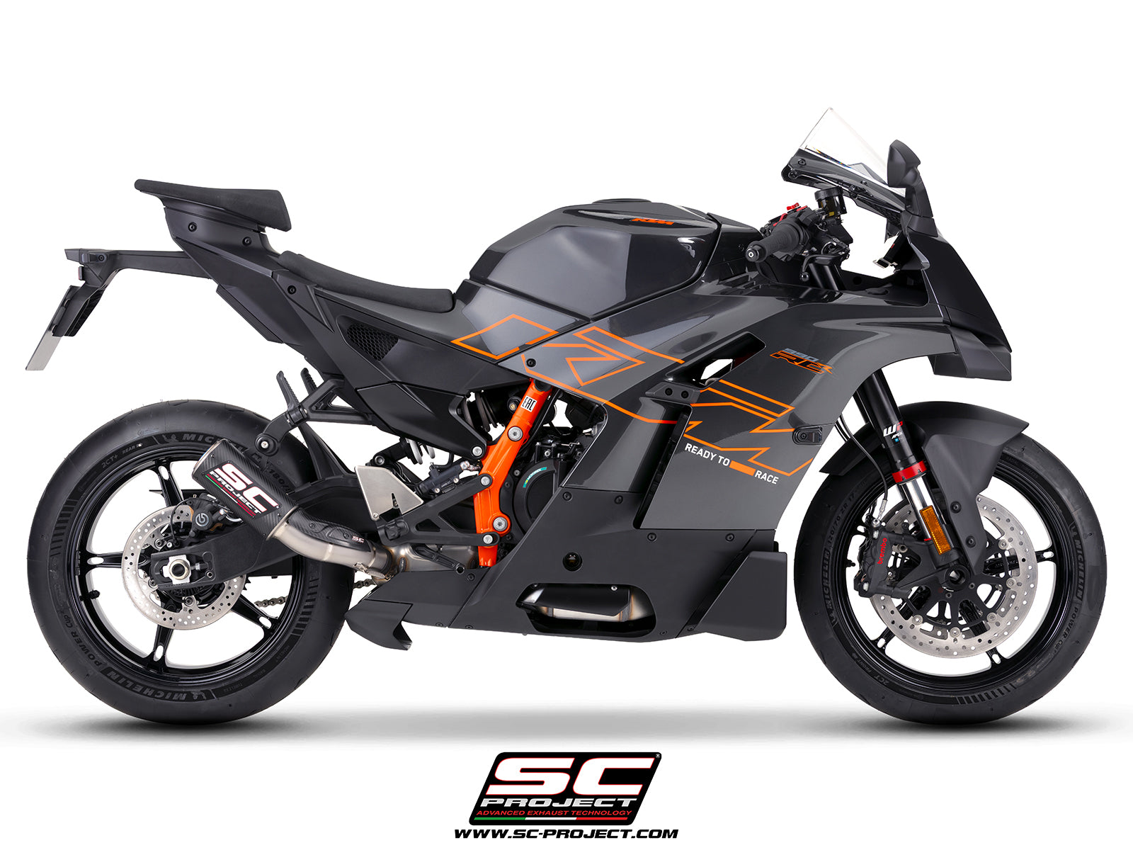 KTM 990 RC-R with SC-Project CR-T M2 carbon fibre exhaust, 3/4 rear view