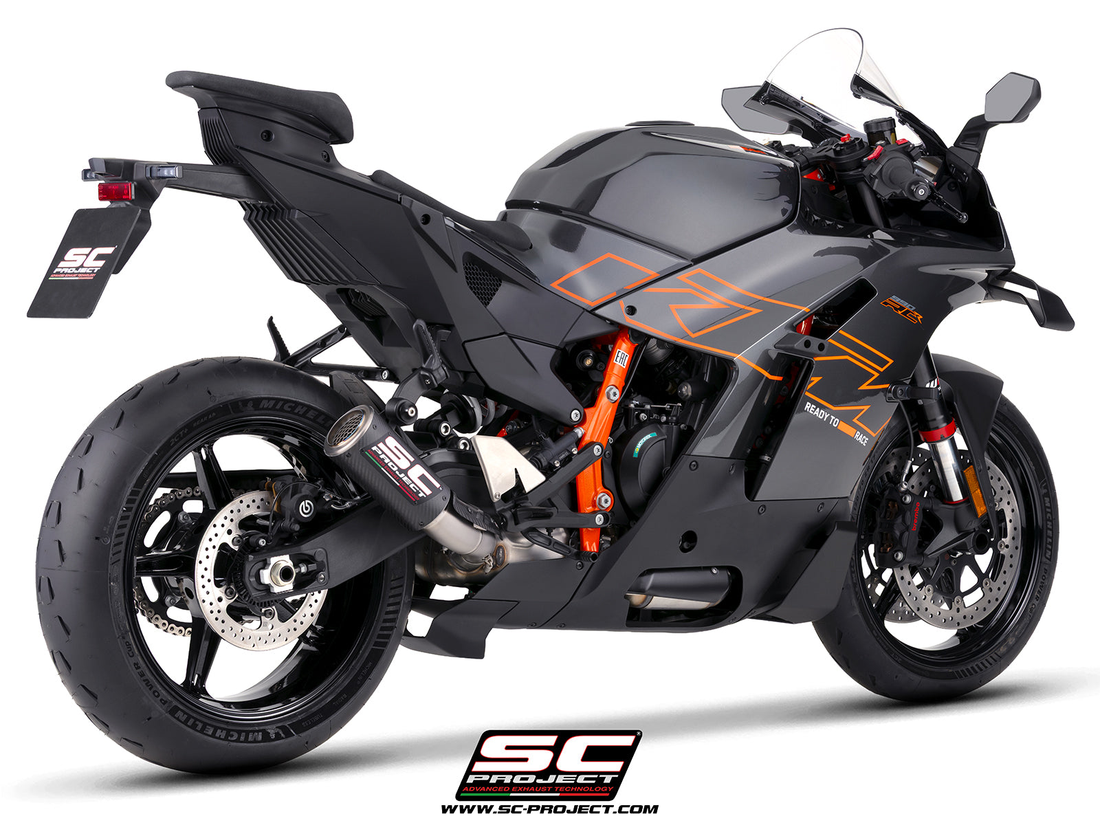 KTM 990 RC-R with SC-Project CR-T M2 carbon fibre exhaust, 3/4 rear view