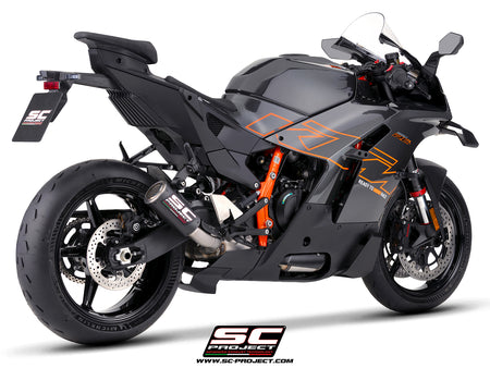 KTM 990 RC-R with SC-Project CR-T M2 carbon fibre exhaust, 3/4 rear view