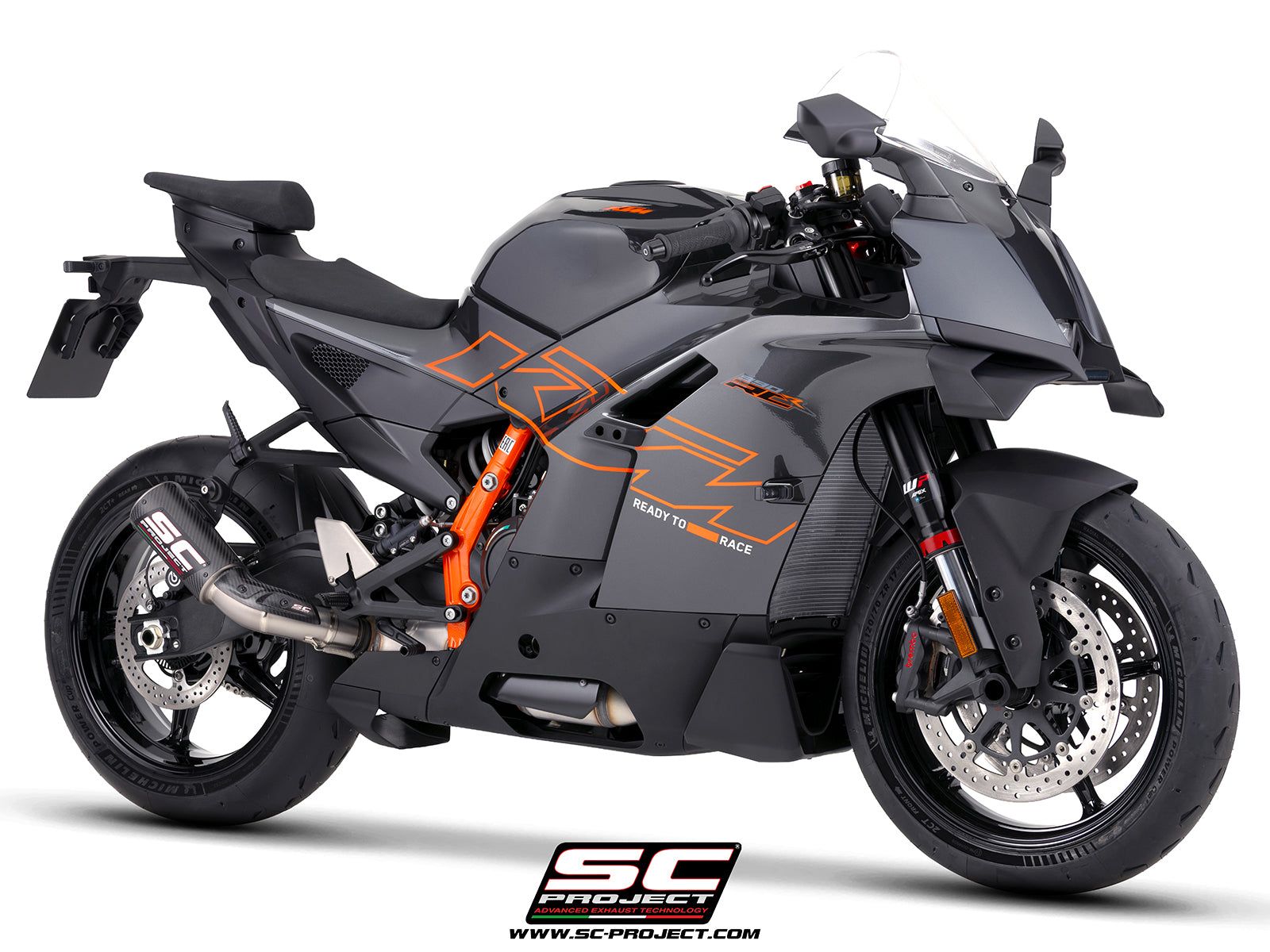 KTM 990 RC-R with SC-Project CR-T M2 carbon fibre exhaust, 3/4 rear view