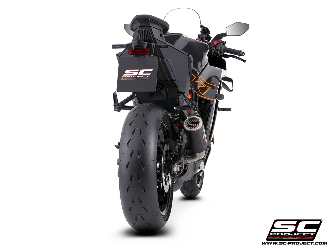 KTM 990 RC-R with SC-Project CR-T M2 carbon fibre exhaust, 3/4 rear view
