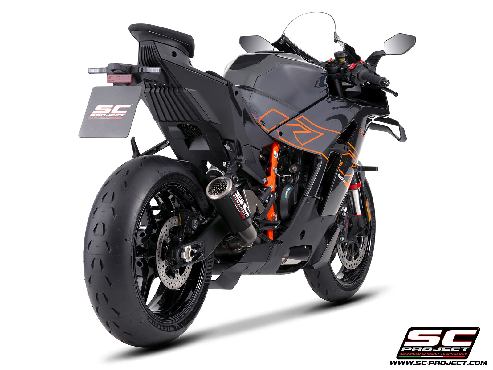 KTM 990 RC-R with SC-Project CR-T M2 carbon fibre exhaust, 3/4 rear view