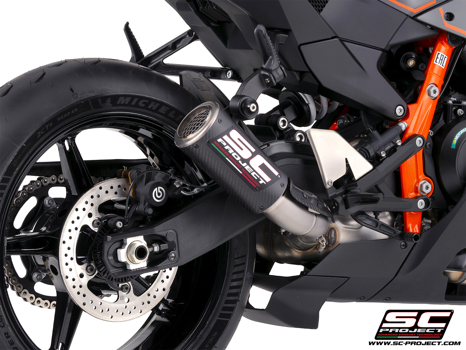 KTM 990 RC-R with SC-Project CR-T M2 carbon fibre exhaust, 3/4 rear view
