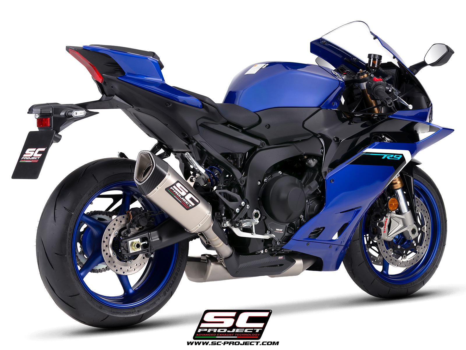 Yamaha R9 with SC-Project full exhaust system stainless steel, with SC1-R titanium exhaust, 3/4 rear view