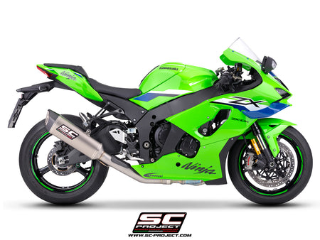 Kawasaki Ninja ZX-10R with SC-Project de-cat link pipe with SC1-R 350 mm titanium exhaust, 3/4 rear view