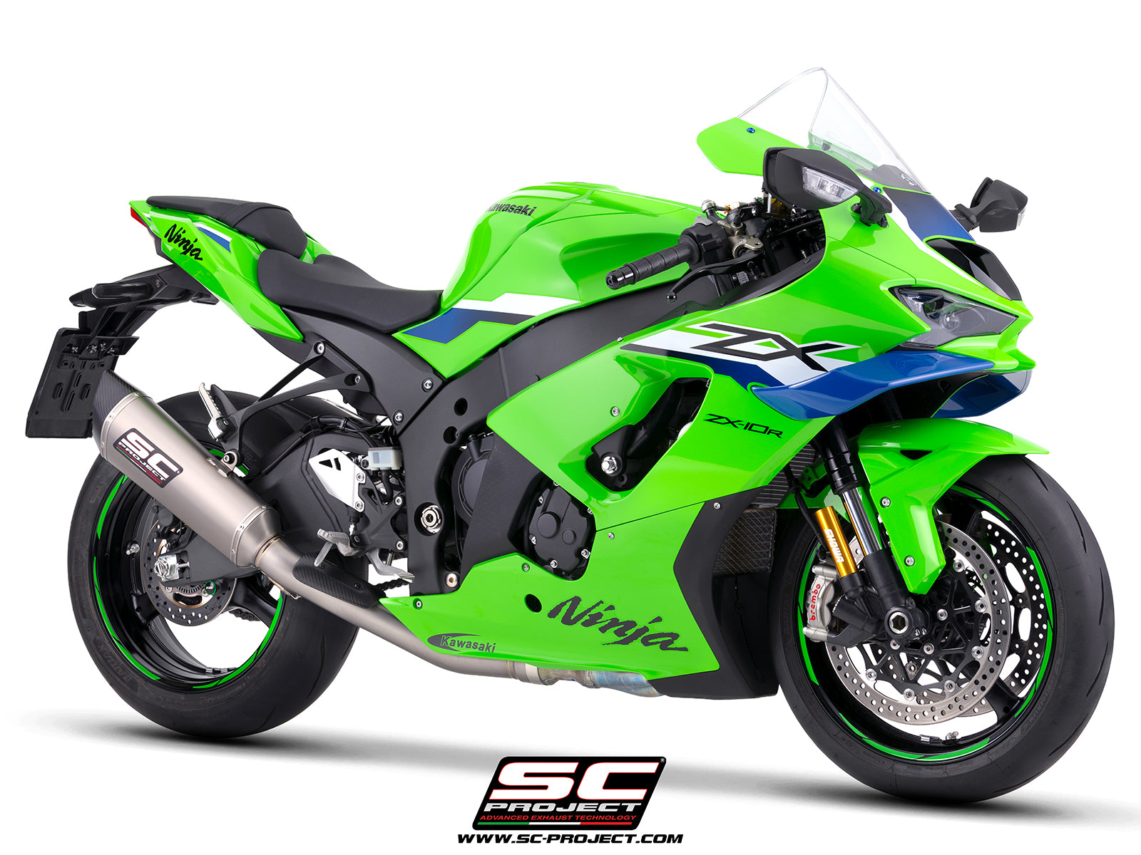 Kawasaki Ninja ZX-10R with SC-Project de-cat link pipe with SC1-R 350 mm titanium exhaust, 3/4 rear view