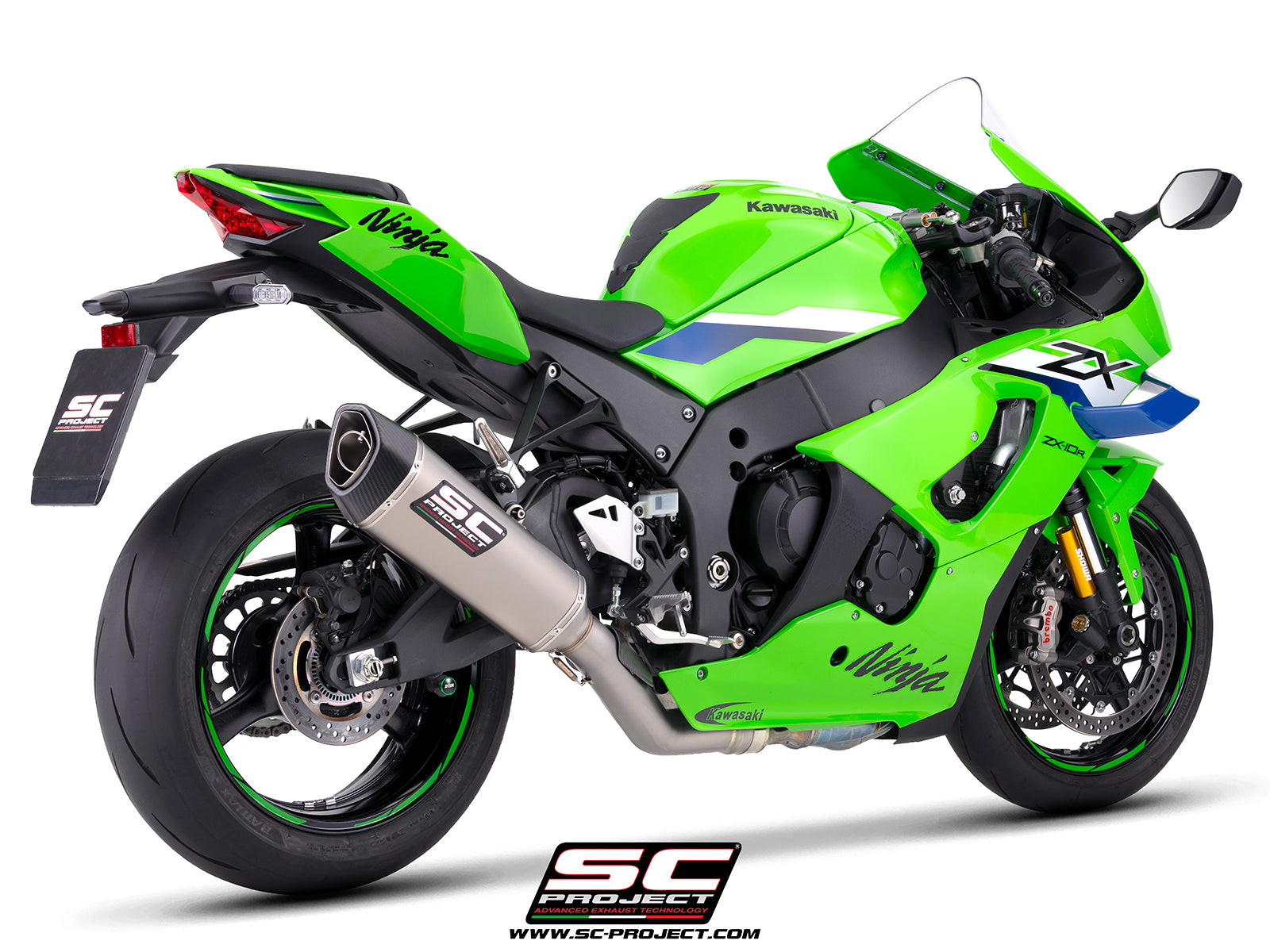 Kawasaki Ninja ZX-10R with SC-Project de-cat link pipe with SC1-R 350 mm titanium exhaust, 3/4 rear view