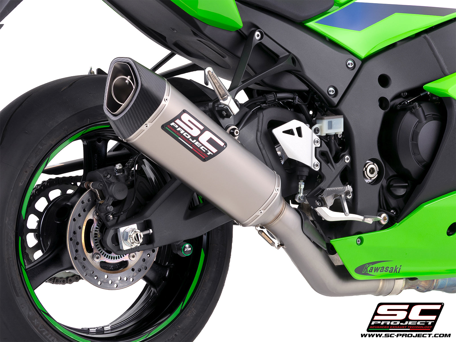 Kawasaki Ninja ZX-10R with SC-Project de-cat link pipe with SC1-R 350 mm titanium exhaust, 3/4 rear view