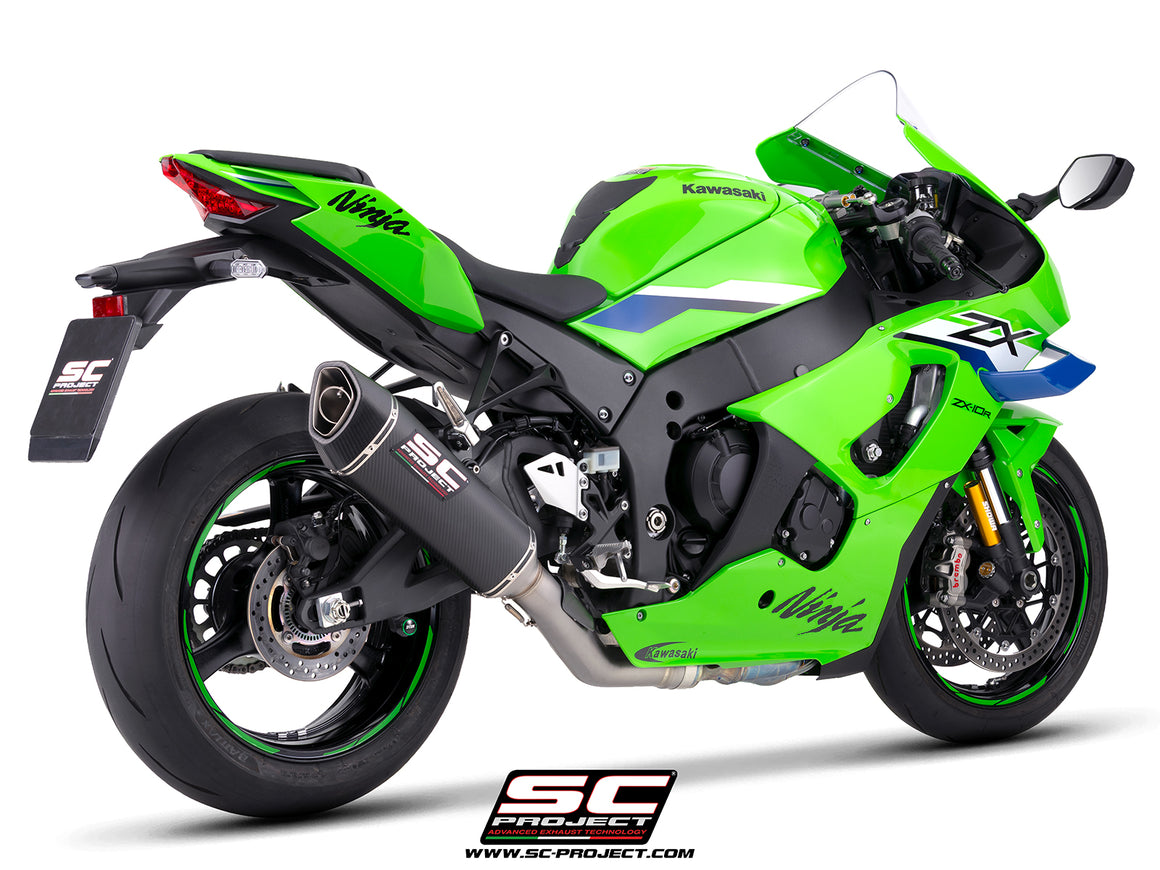 Kawasaki Ninja ZX-10R with SC-Project de-cat link pipe with SC1-R 350 mm carbon fibre exhaust, 3/4 rear view