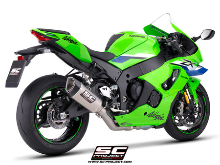 Kawasaki Ninja ZX-10R with SC-Project de-cat link pipe with SC1-R 250 mm titanium exhaust, 3/4 rear view