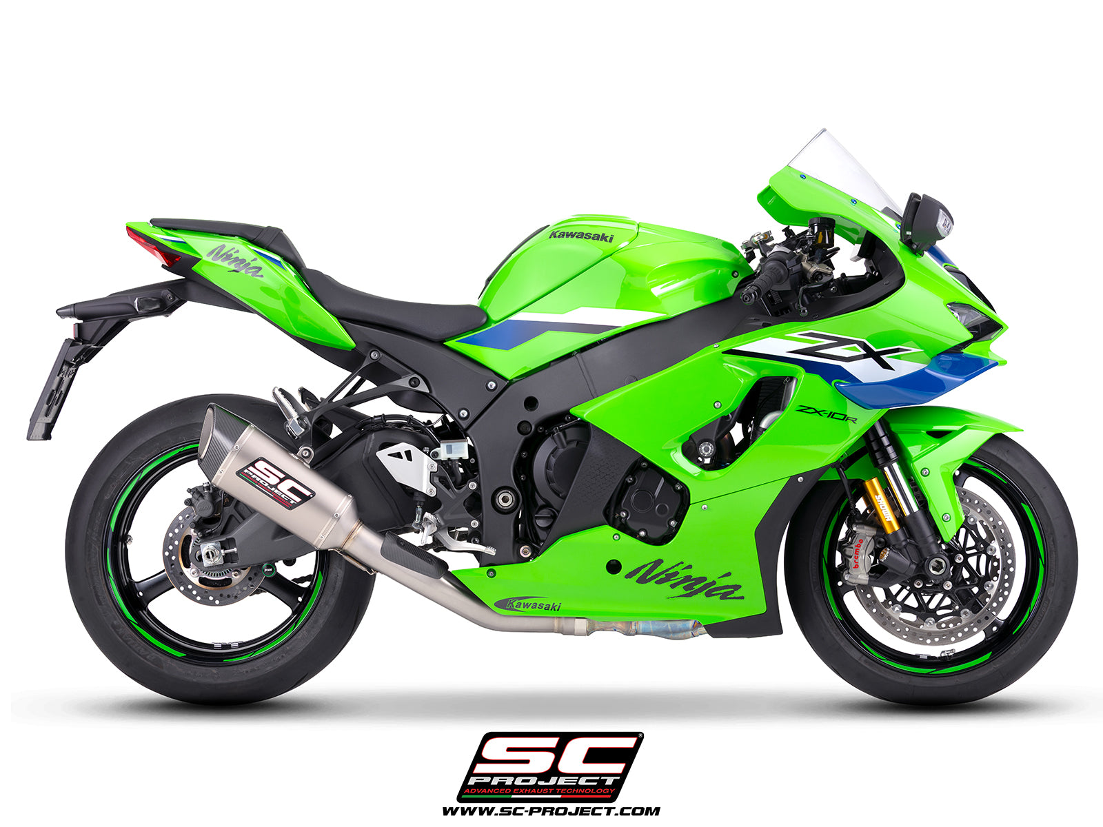 Kawasaki Ninja ZX-10R with SC-Project de-cat link pipe with SC1-R 250 mm titanium exhaust, 3/4 rear view