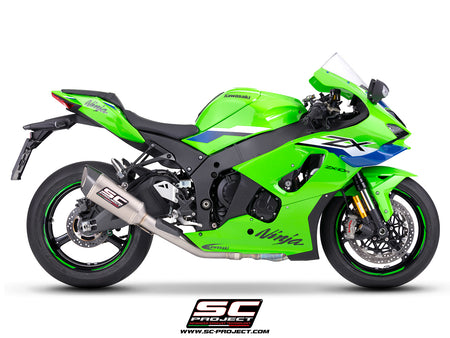 Kawasaki Ninja ZX-10R with SC-Project de-cat link pipe with SC1-R 250 mm titanium exhaust, 3/4 rear view
