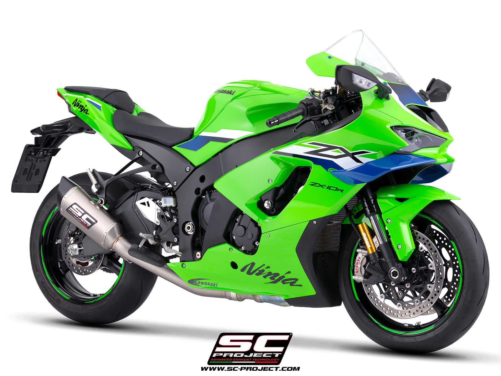 Kawasaki Ninja ZX-10R with SC-Project de-cat link pipe with SC1-R 250 mm titanium exhaust, 3/4 rear view