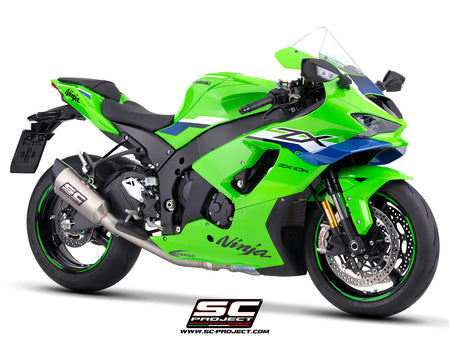Kawasaki Ninja ZX-10R with SC-Project de-cat link pipe with SC1-R 250 mm titanium exhaust, 3/4 rear view