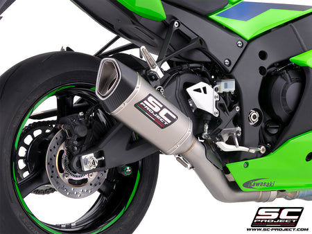 Kawasaki Ninja ZX-10R with SC-Project de-cat link pipe with SC1-R 250 mm titanium exhaust, 3/4 rear view