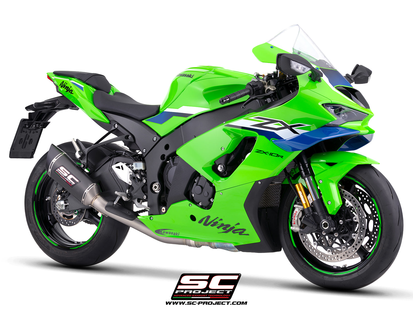 Kawasaki Ninja ZX-10R with SC-Project de-cat link pipe with SC1-R 250 mm carbon fibre exhaust, 3/4 rear view