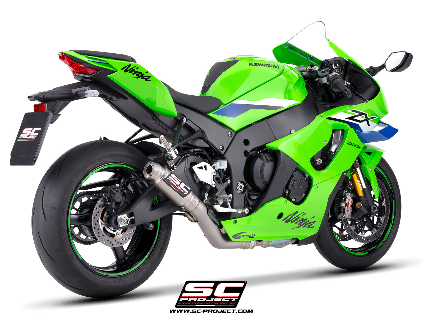 Kawasaki Ninja ZX-10R with SC-Project de-cat link pipe with GP70-R titanium exhaust, 3/4 rear view