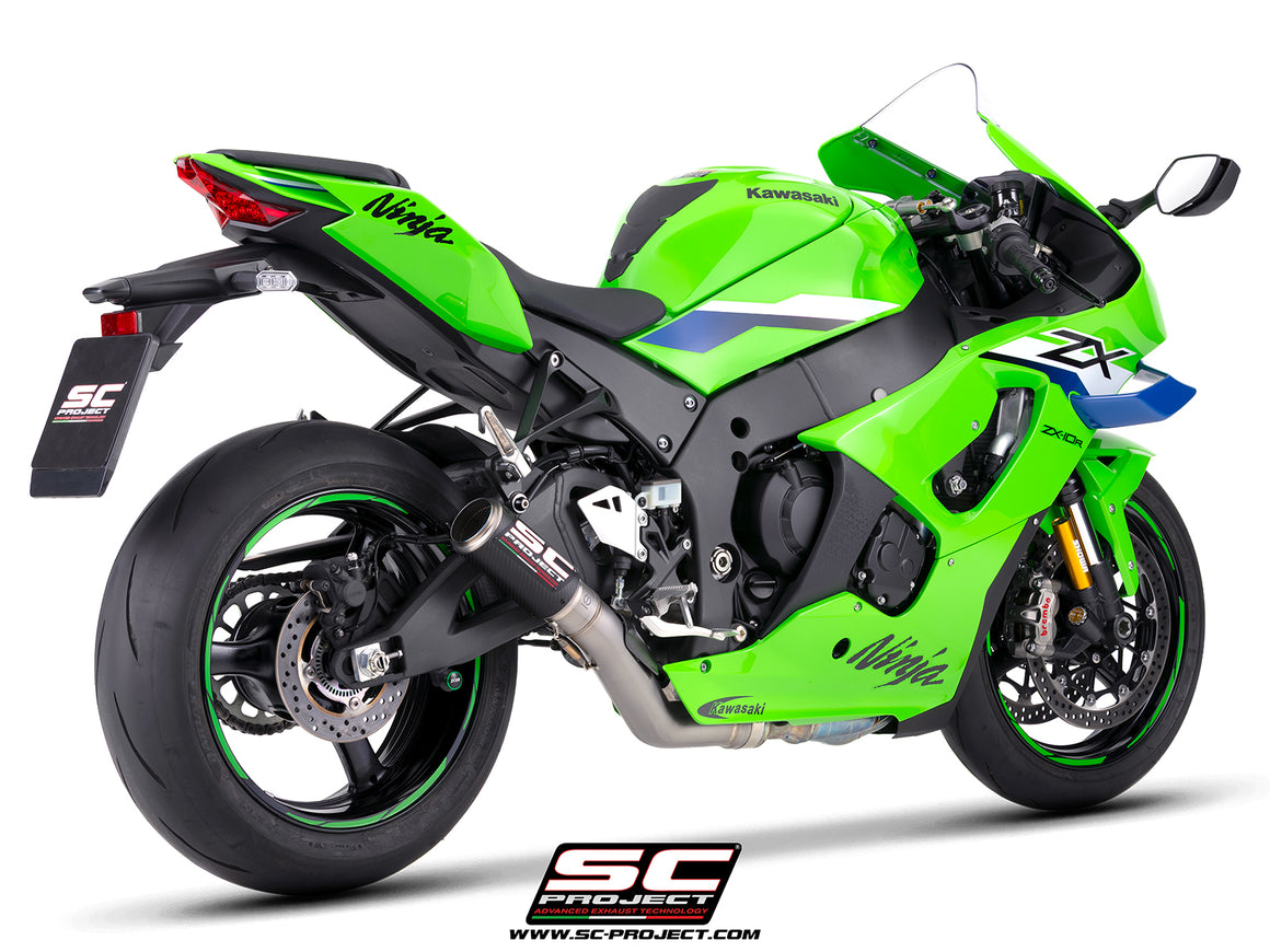 Kawasaki Ninja ZX-10R with SC-Project de-cat link pipe with CR-T carbon fibre exhaust, 3/4 rear view