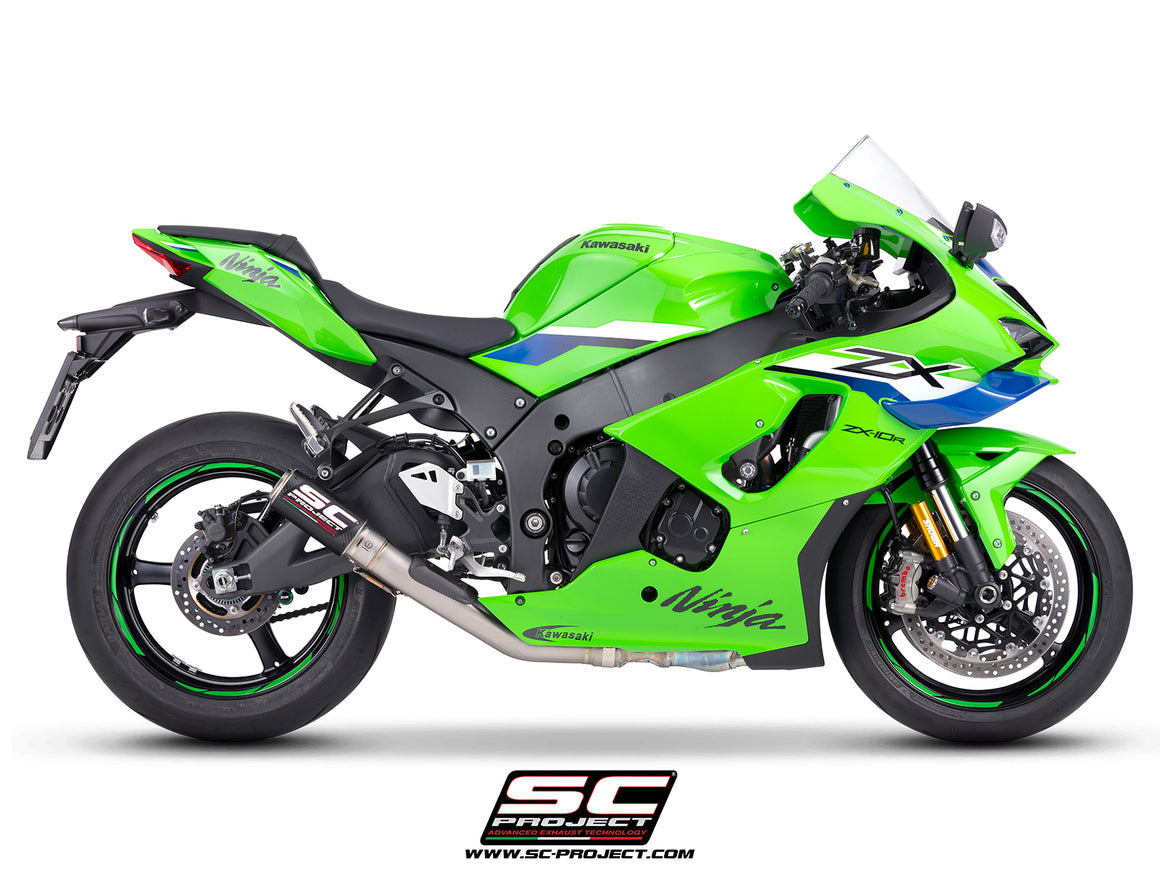 Kawasaki Ninja ZX-10R with SC-Project de-cat link pipe with CR-T carbon fibre exhaust, 3/4 rear view