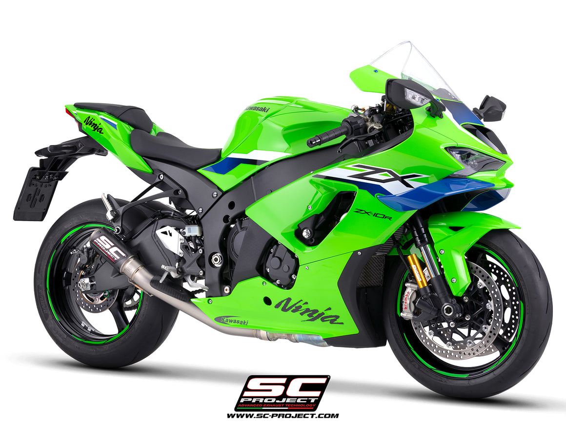 Kawasaki Ninja ZX-10R with SC-Project de-cat link pipe with CR-T carbon fibre exhaust, 3/4 rear view