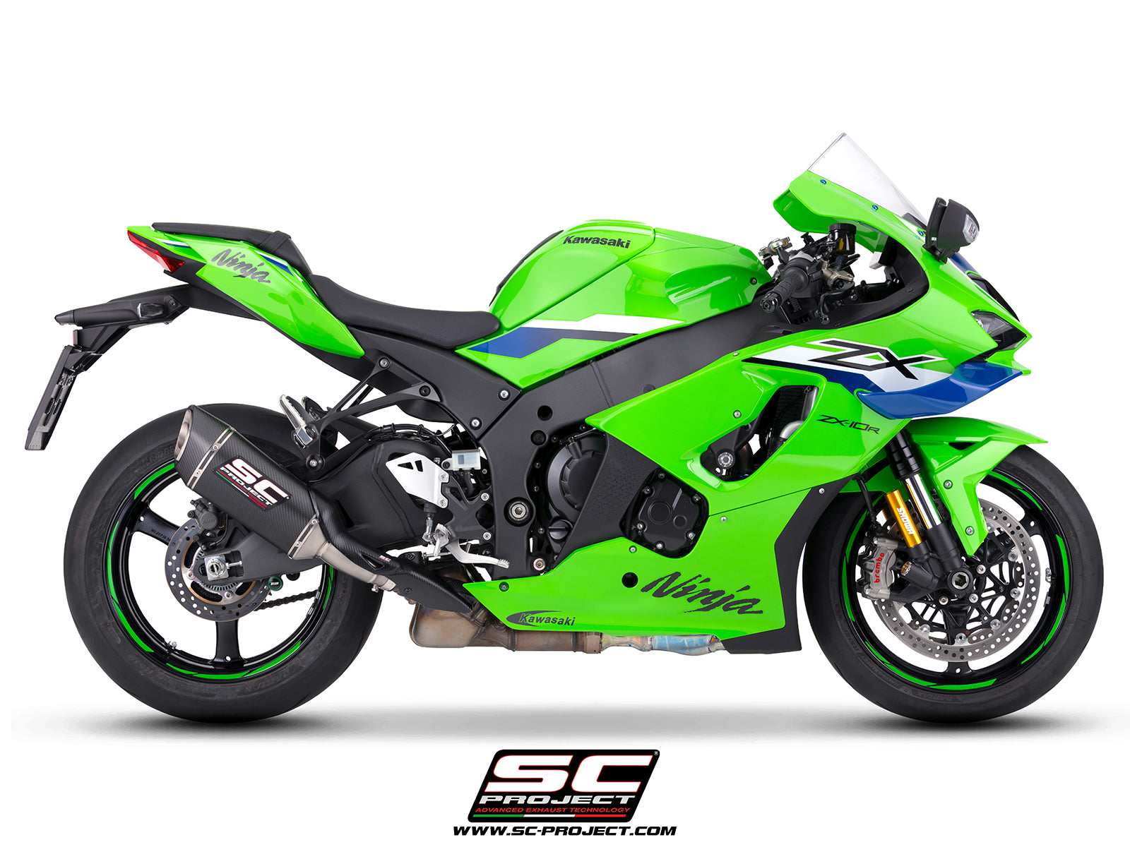 Kawasaki Ninja ZX-10R with SC-Project SC1-R carbon fibre exhaust, 3/4 rear view