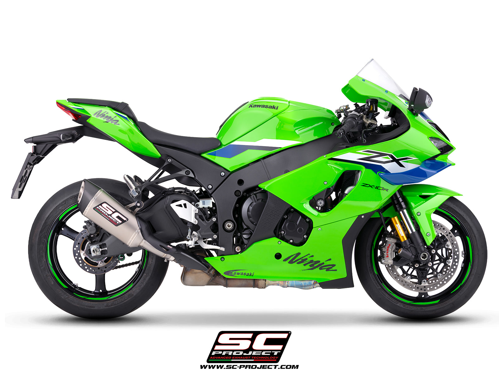 Kawasaki Ninja ZX-10R with SC-Project SC1-R titanium exhaust, 3/4 rear view