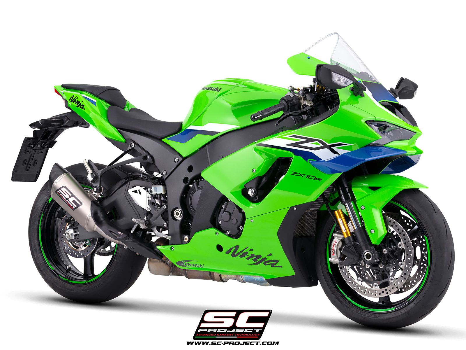 Kawasaki Ninja ZX-10R with SC-Project SC1-R titanium exhaust, 3/4 rear view