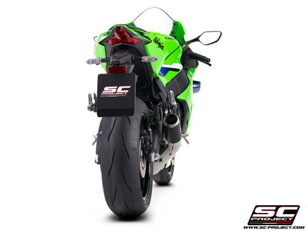 Kawasaki Ninja ZX-10R with SC-Project de-cat link pipe with CR-T carbon fibre exhaust, 3/4 rear view