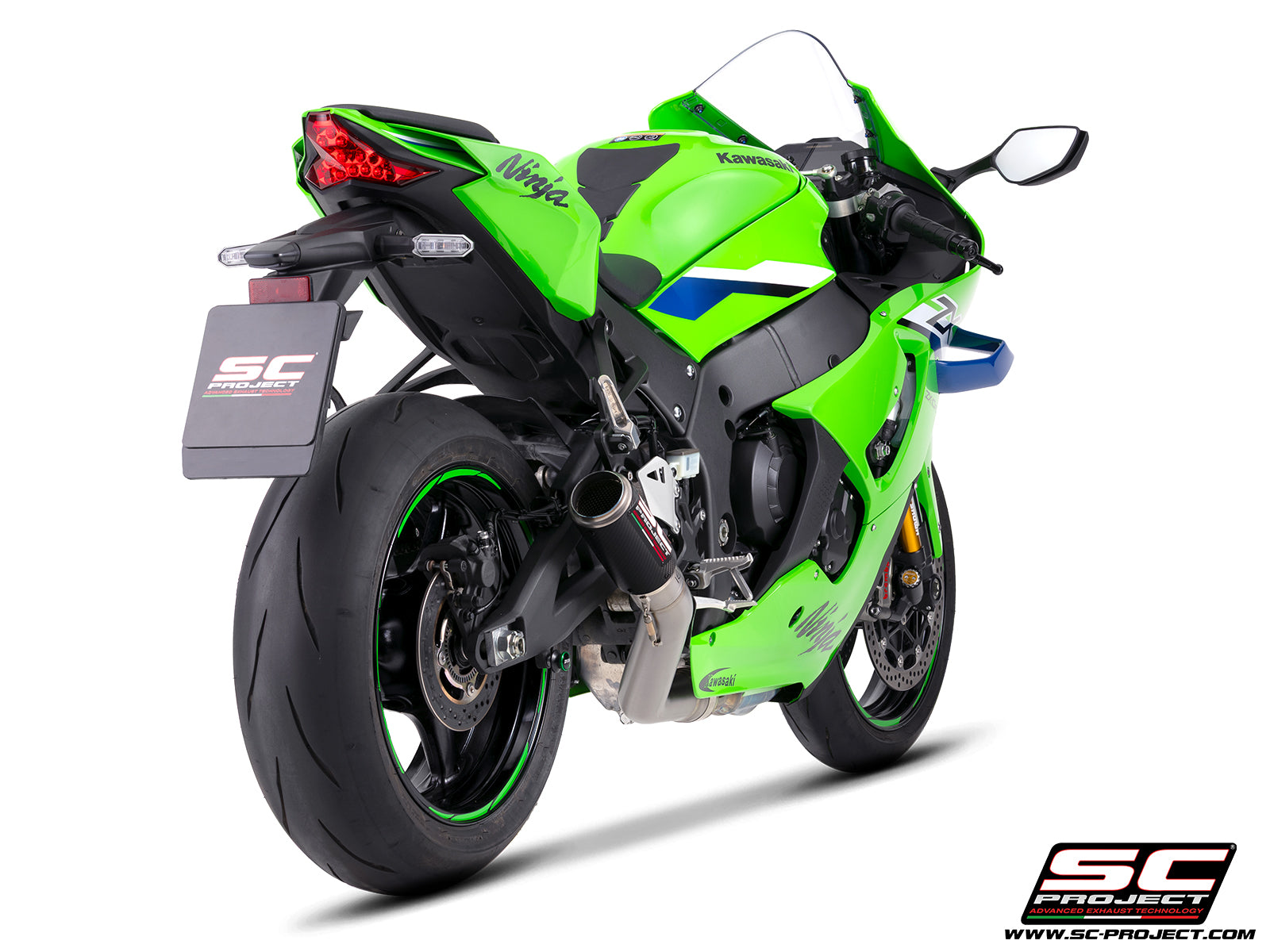 Kawasaki Ninja ZX-10R with SC-Project de-cat link pipe with CR-T carbon fibre exhaust, 3/4 rear view