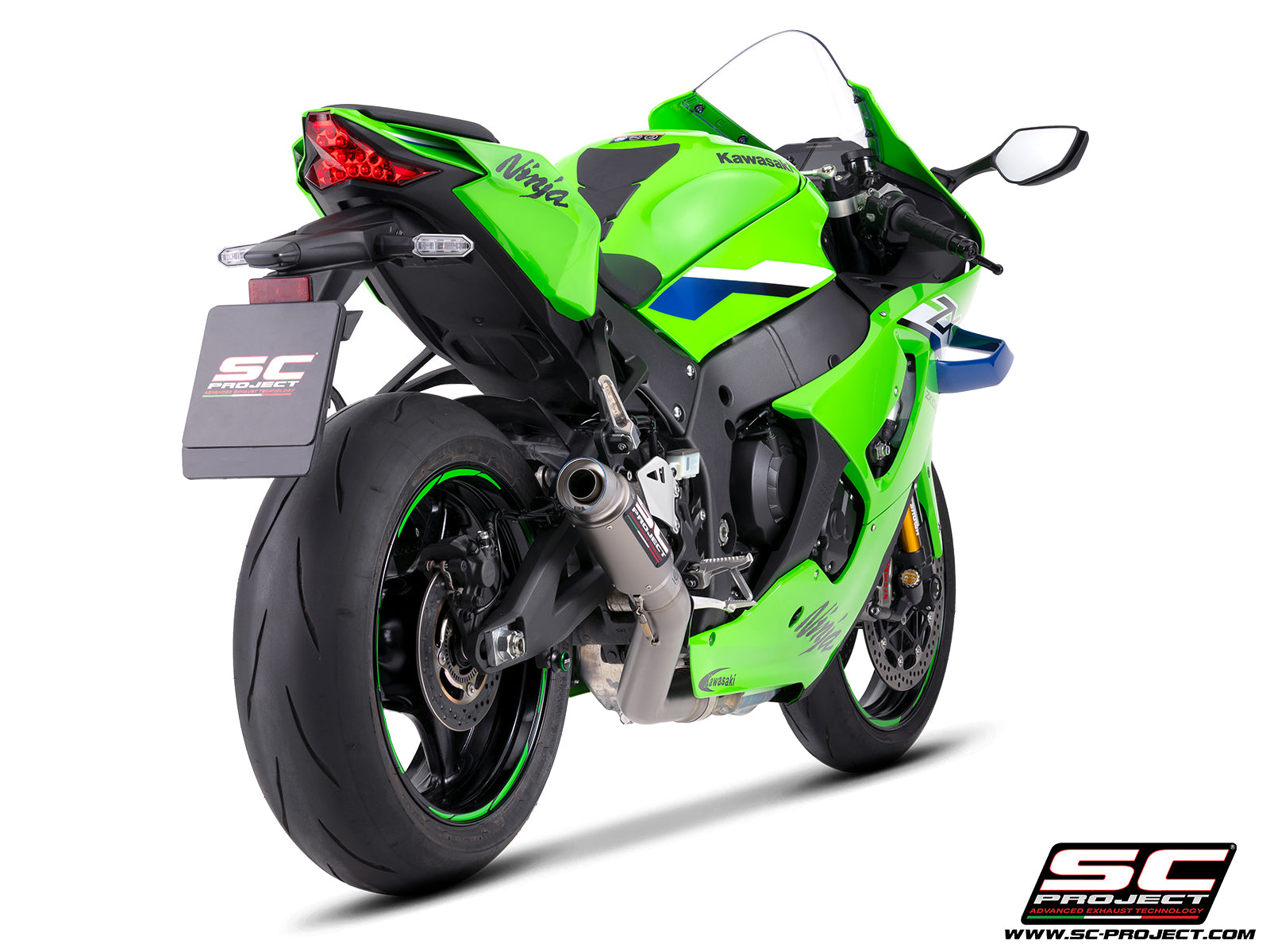 Kawasaki Ninja ZX-10R with SC-Project de-cat link pipe with GP70-R titanium exhaust, 3/4 rear view