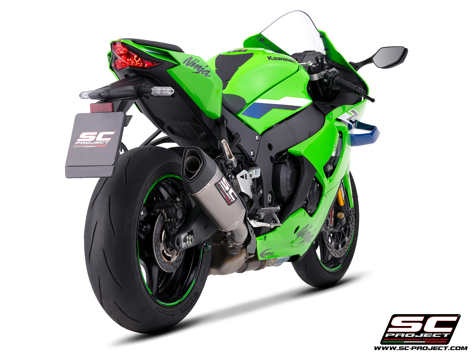 Kawasaki Ninja ZX-10R with SC-Project SC1-R titanium exhaust, 3/4 rear view