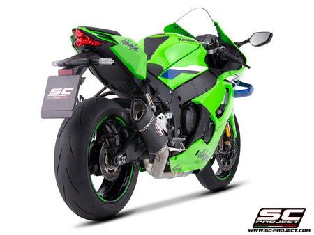 Kawasaki Ninja ZX-10R with SC-Project de-cat link pipe with SC1-R 250 mm carbon fibre exhaust, 3/4 rear view