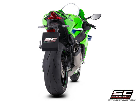 Kawasaki Ninja ZX-10R with SC-Project de-cat link pipe with SC1-R 250 mm titanium exhaust, 3/4 rear view