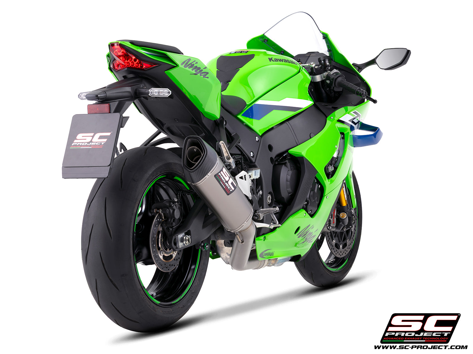 Kawasaki Ninja ZX-10R with SC-Project de-cat link pipe with SC1-R 350 mm titanium exhaust, 3/4 rear view