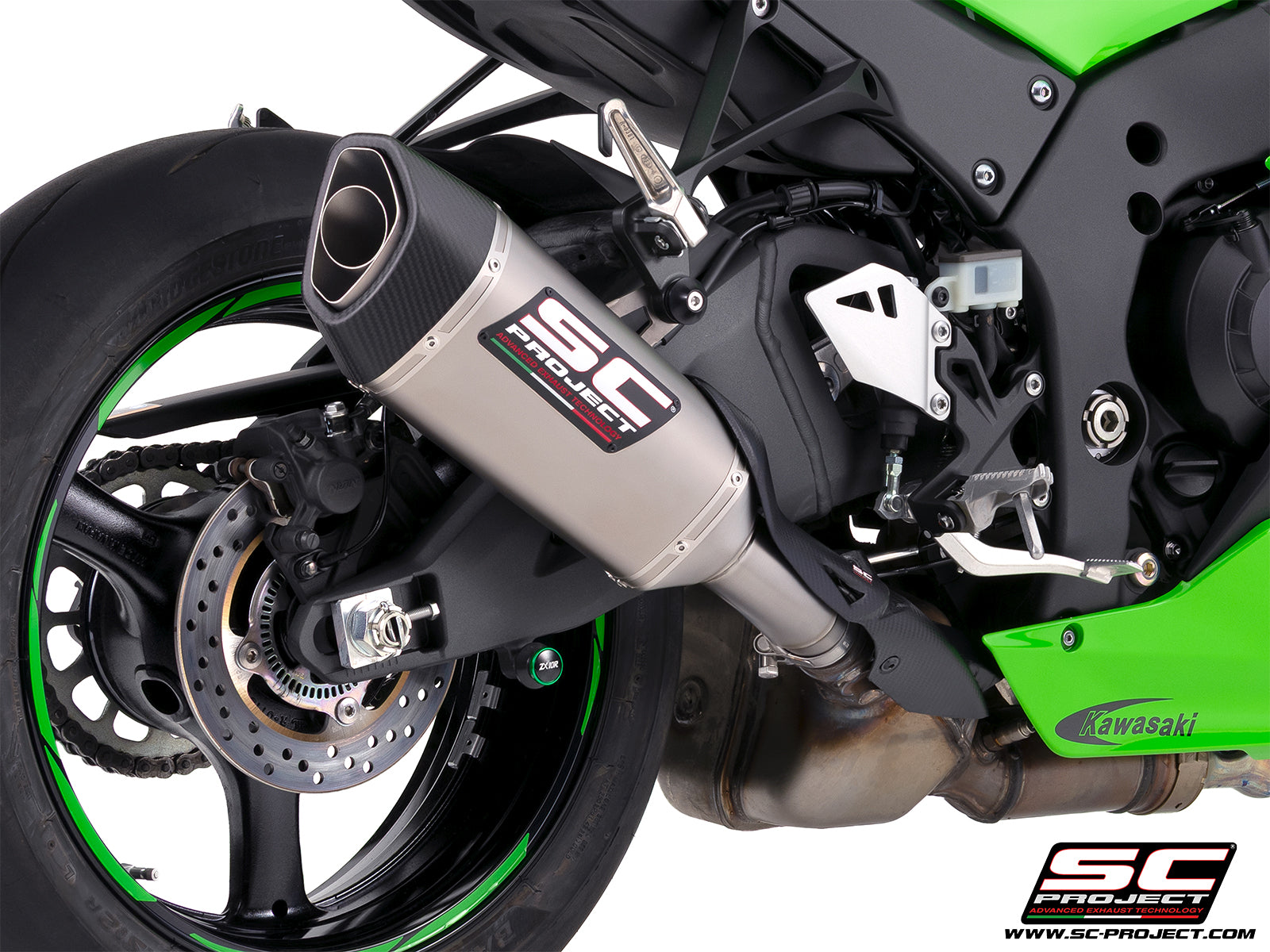 Kawasaki Ninja ZX-10R with SC-Project SC1-R titanium exhaust, 3/4 rear view