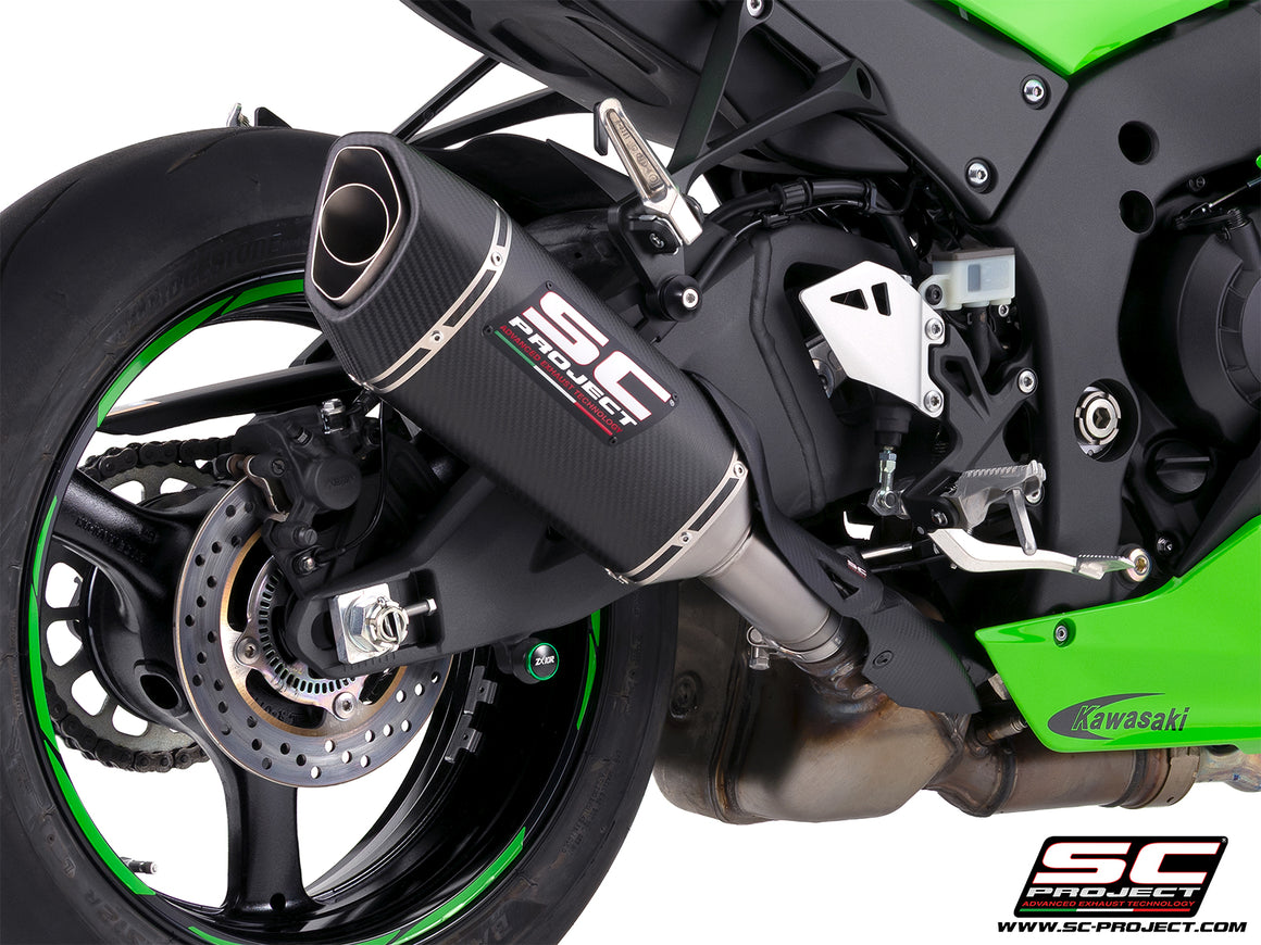 Kawasaki Ninja ZX-10R with SC-Project SC1-R carbon fibre exhaust, 3/4 rear view