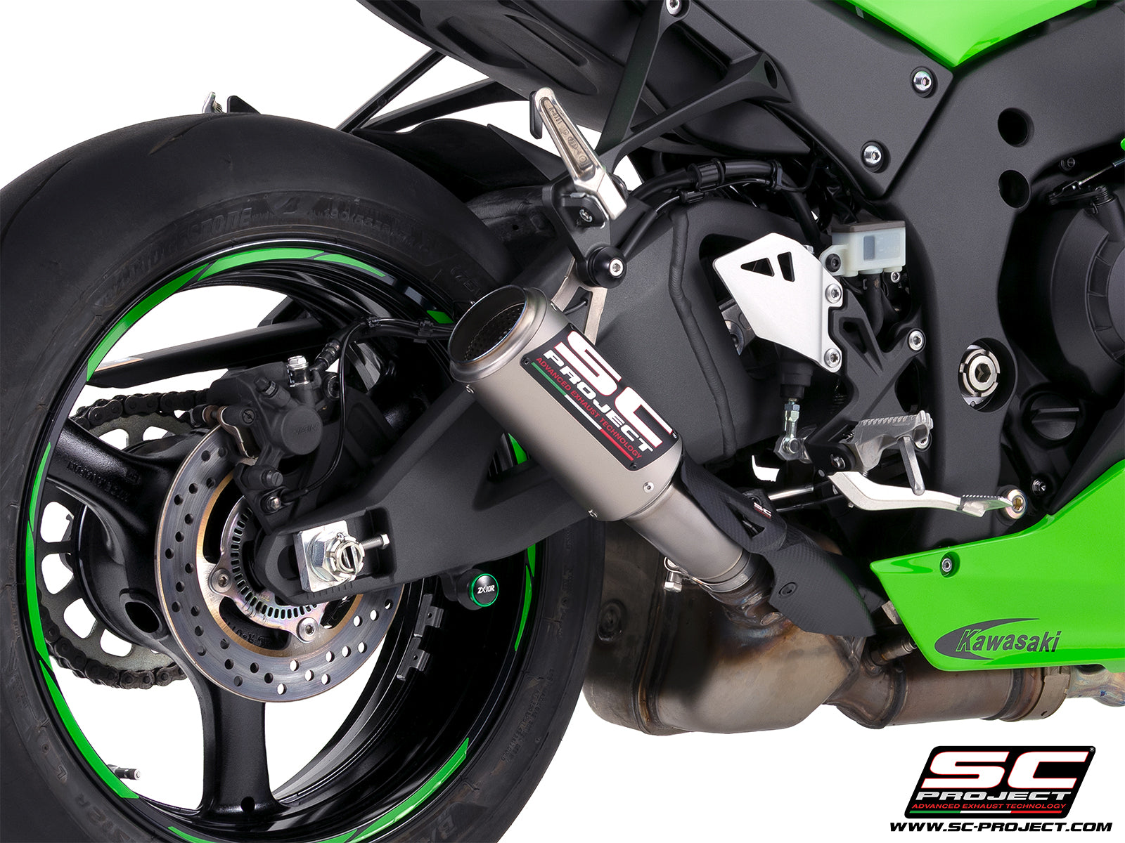 Kawasaki Ninja ZX-10R with SC-Project CR-T titanium exhaust, 3/4 rear view