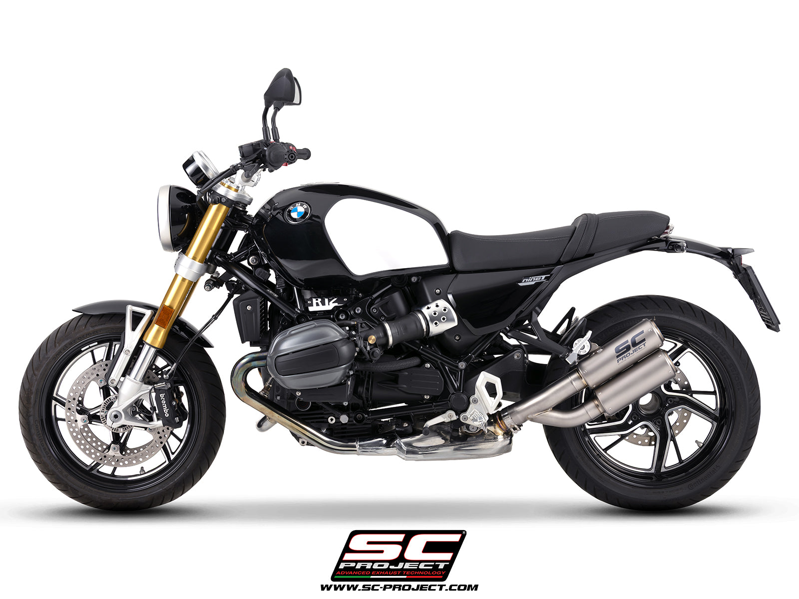 BMW R 12 nineT with SC-Project Twin CR-T titanium exhaust, 3/4 rear view